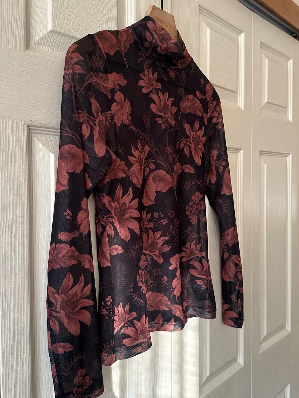 Anthropologie Yzk 2000 Retro Sheer Floral Mesh Long-Sleeve Turtleneck in Rust - Picture 8 of 11